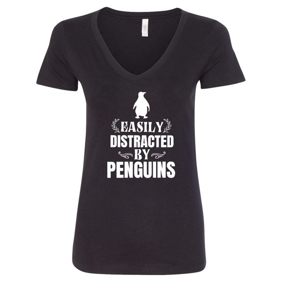 Inktastic Easily Distracted by Penguins Women's V-Neck T-Shirt