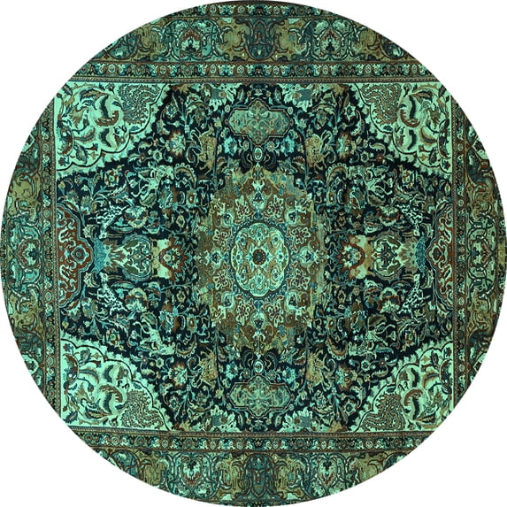 Ahgly Company Indoor Round Medallion Turquoise Blue Traditional Area Rugs, 7' Round