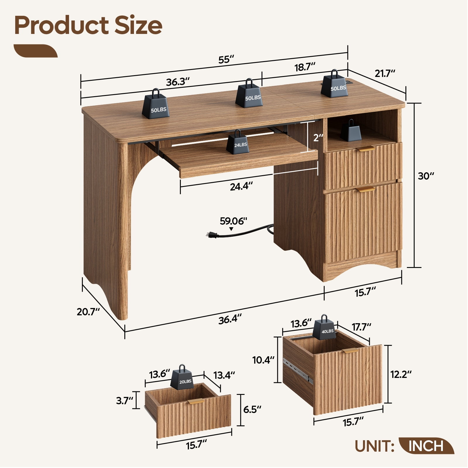 Bestier 55" Computer Writing PC Desk Home Office with Power Outlets Keyboard Tray and Storage Drawers, Brown