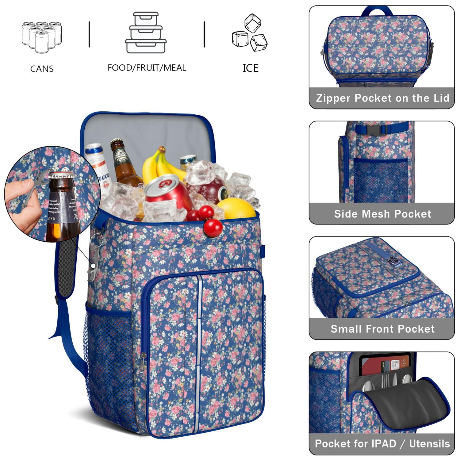 Travel Cooler Bag - Pioneer Flower Camping Beer Cooler Backpack with Bottle Opener- Waterproof Insulated Picnic Backpacks - Cooler Bag for Beach
