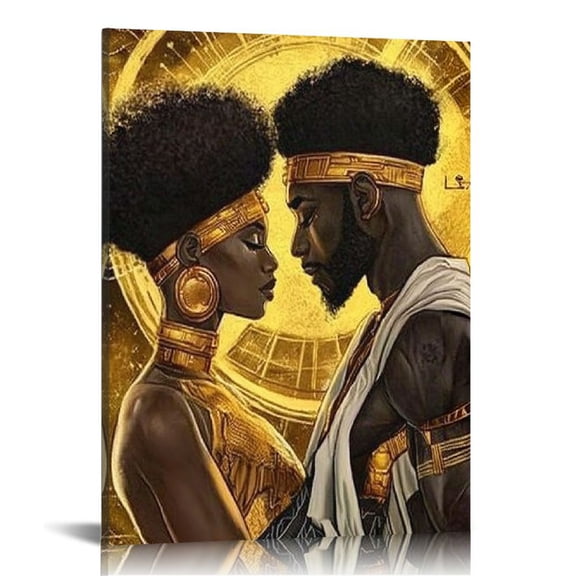 Acheng African American Canvas Art Print, Black Love King and Queen Wall Art Sexy Lover Paintings for Wall, Egyptian Crown Framed Poster Drawing for Master Bedroom Living Room Decor 12x16 in