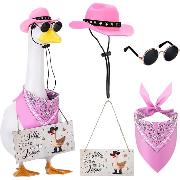 4 Piece Porch Goose Outfit Set for 17"/23" Lawn Cement Plastic Geese, Pink Cowboy Clothes Accessories for Garden Yard Decor