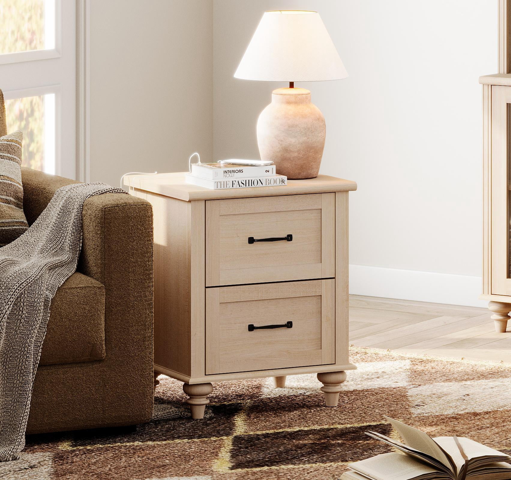 Beige End Table with Charging Station, 2-Drawer Nightstand for Bedroom, Elegant Side Table for Living Room, Dorm