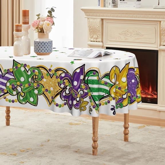 Mardi Gras Tablecloth 60×84 Inch Oval, New Orleans Brazi Carnival Washable Seasonal Table Cover for Party Picnic Dinner Decor