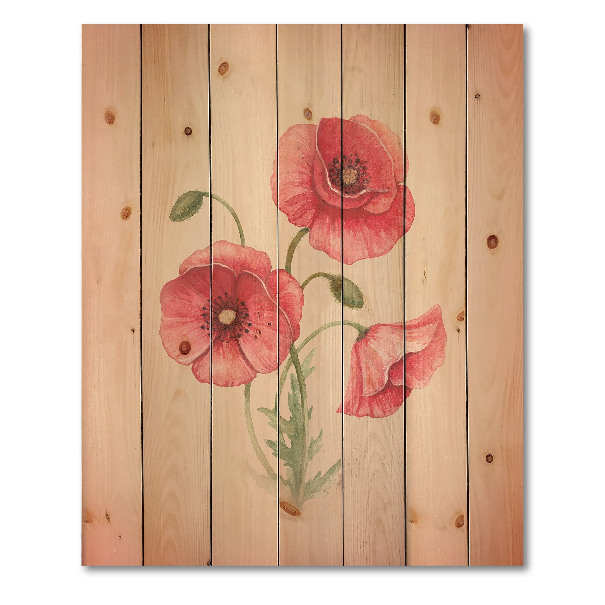 Designart 'Poppy Retro Flowers' Vintage Print on Natural Pine Wood