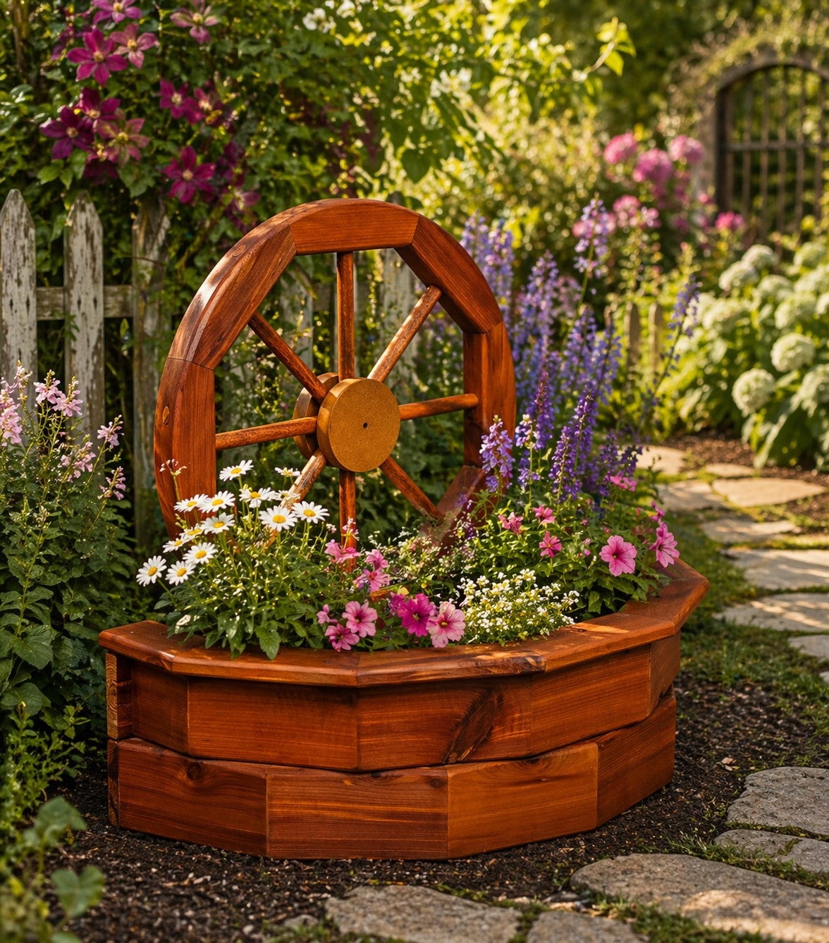 Rustic Cedar Wagon Wheel Planter – Eastern Red Cedar Farmhouse Garden Planter for Patio or Yard