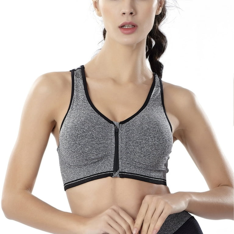 Women's Front Zipper Sports Breathable Wirefree Bra, Padded Push Up Sports  Top Fitness Gym Yoga Workout Bra Sports Bra Tops,Gray,3XL