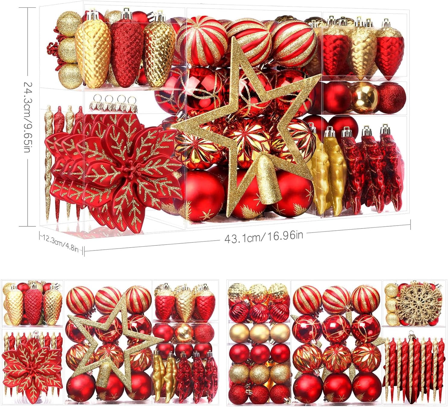 Alupssuc 106ct Christmas Balls Ornaments Set, Colorful Shatterproof Plastic Decorative Baubles for Xmas Tree Decor, Red & Gold