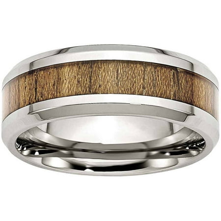 Primal Steel Stainless Steel Polished Wood Inlay Enameled 8.00mm Ring, Available in Multiple Sizes