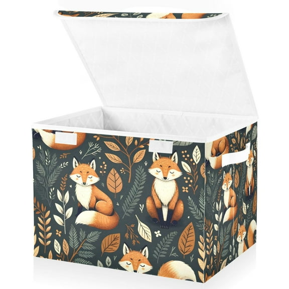 Large Lidded Foldable Storage Baskets Cubes Boxes Lids Bin for Home Bedroom Office Fox and Leaf