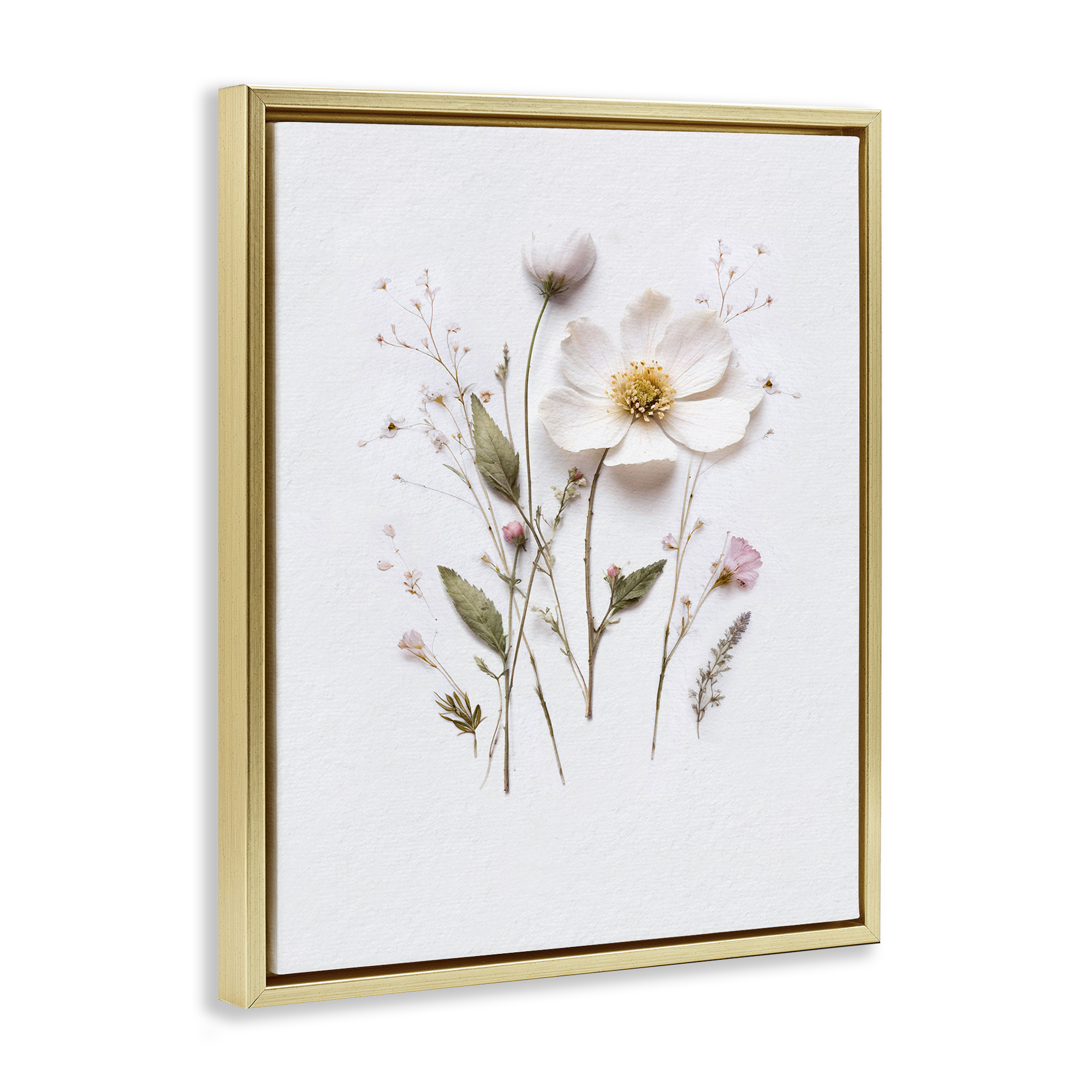 Delicate Pressed Flower Sprigs Gold Framed Floater Canvas Wall Art, design by Lettered and Lined