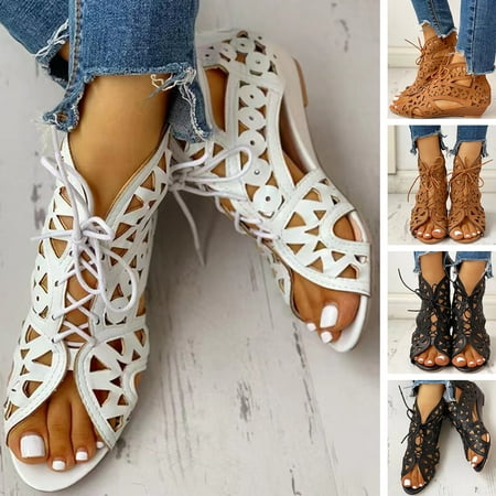 

Xinhuadsh 1 Pair Casual Sandals Vintage Ethnic Style Hollow Strappy Flat Breathable Women Summer Outdoor Shoes Street Wear