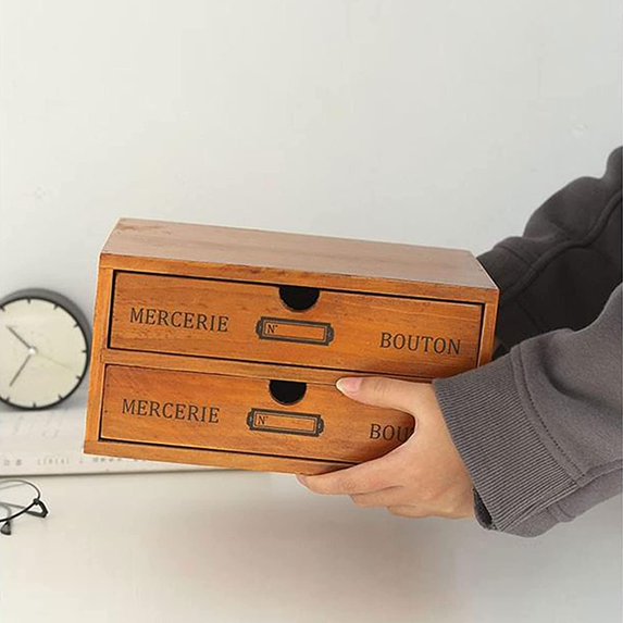 2-Layer Vintage Wooden Storage Box Drawer Cosmetic Jewelry Organizer Case Office/Home