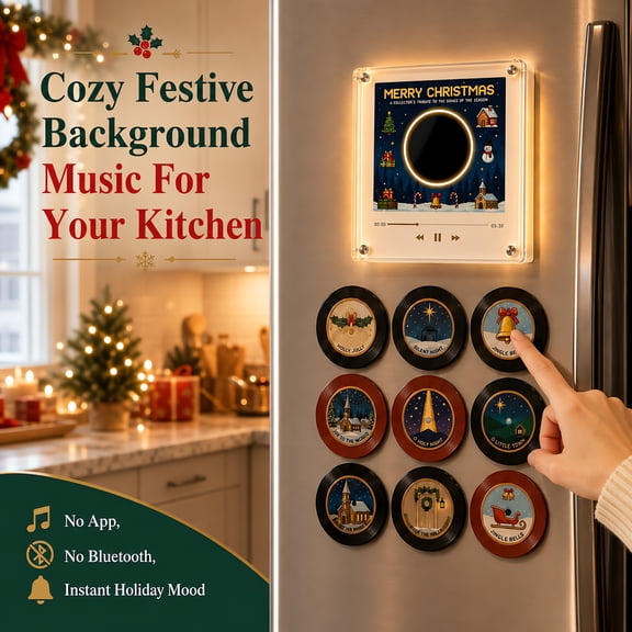 Magneic Fridge Vinyl Music Box Christmas - Magnetic Fridge Music Player with 9 Vinyl Style Discs, Mini Christmas Vinyl Record Player for Christmas Decor and Gifting