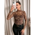 thumbnail image 4 of Womens Mesh Long Sleeve Tops Mock Neck Going Out See Through Shirts Sheer Blouses Clubwear Coffee Color XXL, 4 of 8