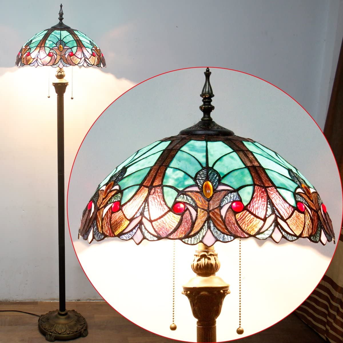 Tiffany Floor Lamp W16H64 Inch Green Stained Glass Liaison Style Shade 2E26 Antique Standing Reading Lighting Base S160G LAMPS Bedroom Coffee Table Living Room Bookcase Dresser Lover Gifts