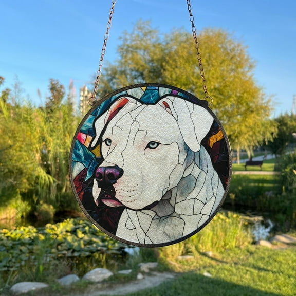 White Pitbull Painted Stained Glass Suncatcher, Window Hanging Decor, Outdoor Sun Catcher Decor, Pitbull Wall Decor, Dog Lover Gift