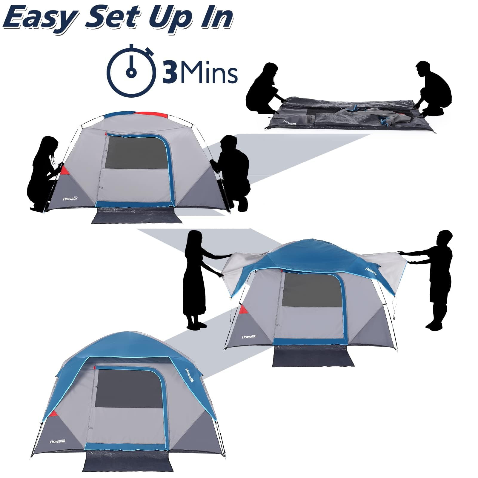 Camping Tent 4 Person, Waterproof Family Tent with Removable Rainfly and Carry Bag, Easy Set Up Tent for Camping, Traveling, Backpacking, Hiking, Outdoor