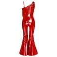thumbnail image 4 of inlzdz Kids Girls Disco Outfit Off Shoulder Metallic Flare Jumpsuit Sequin Fringe Formal Dance Romper Red 14, 4 of 5