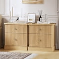 thumbnail image 4 of Table de Nuit Cannelée avec 2 Tiroirs, Table de Chevet Mi-Siècle Moderne, Table de Nuit en Bois Brun avec Rangement, Table d'Appoint Gain de Place avec Base Courbée pour Chambre et Salon, 4 of 8