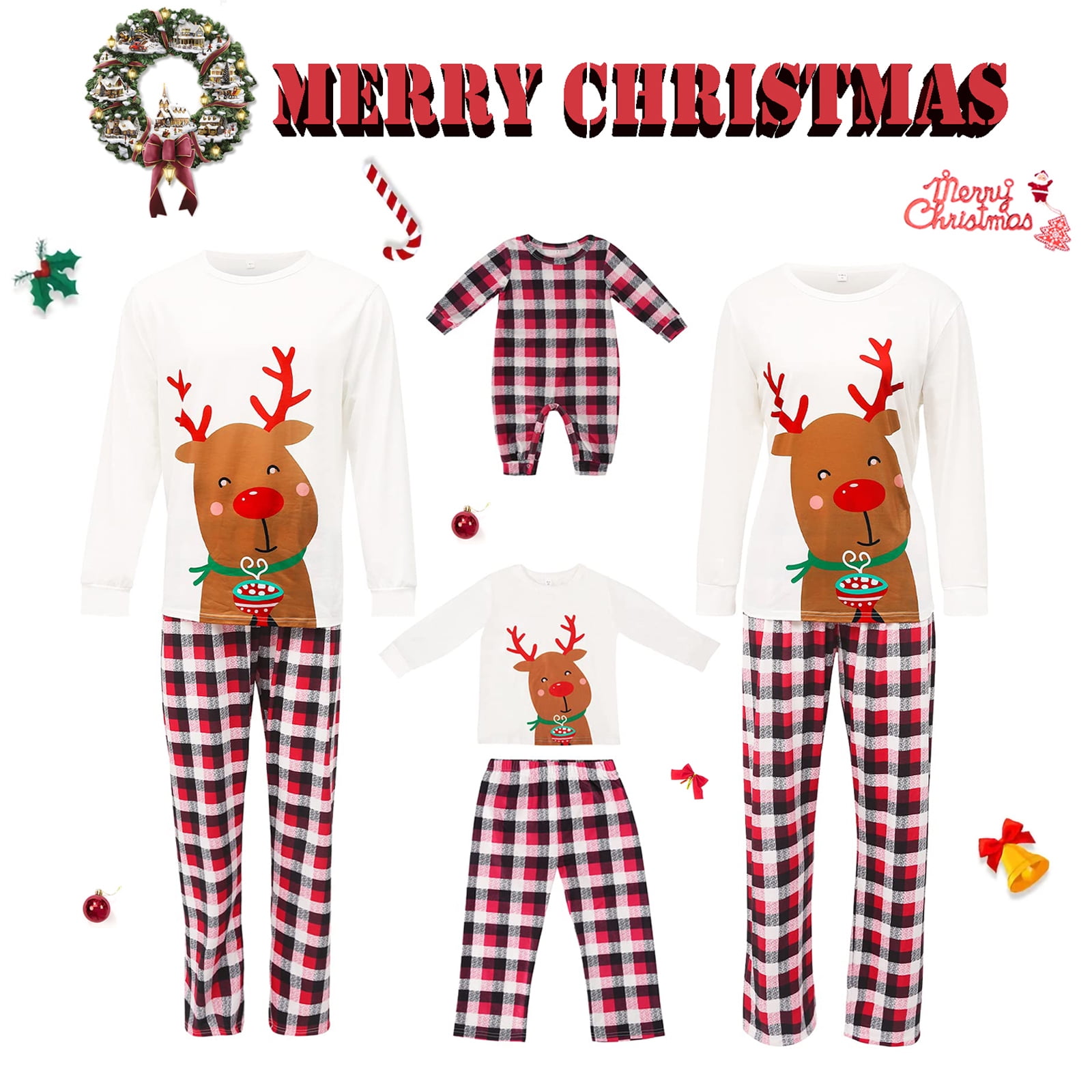 Family Matching Christmas Pajamas Set Deer Tops Plaid Pants Xmas