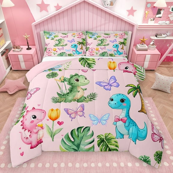 Homewish Cartoon Animal Dinosaur 2pcs Bedding Comforter Set for Kids Children Teens,Flowers Butterflies Twin Comforter Sets,Dreamy Princess Breathable Bedding Set,Luxury Bedroom Decor,Reversible