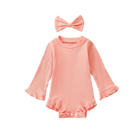 

KelaJuan Baby Girls Fall Crew Neck Romper Long Sleeve Solid Color Ruffle Romper with Headband