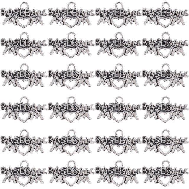 50Pcs Tibetan Style Zinc Alloy Pendants with Word Baseball Mom Charms Antique Silver 15x27mm