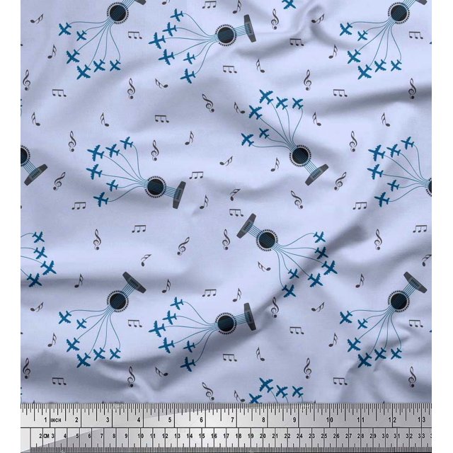 Soimoi Rayon Crepe Fabric Airplane,Guitar Wire & Notes Musical Instrument Decor Fabric Printed Yard 46 Inch Wide