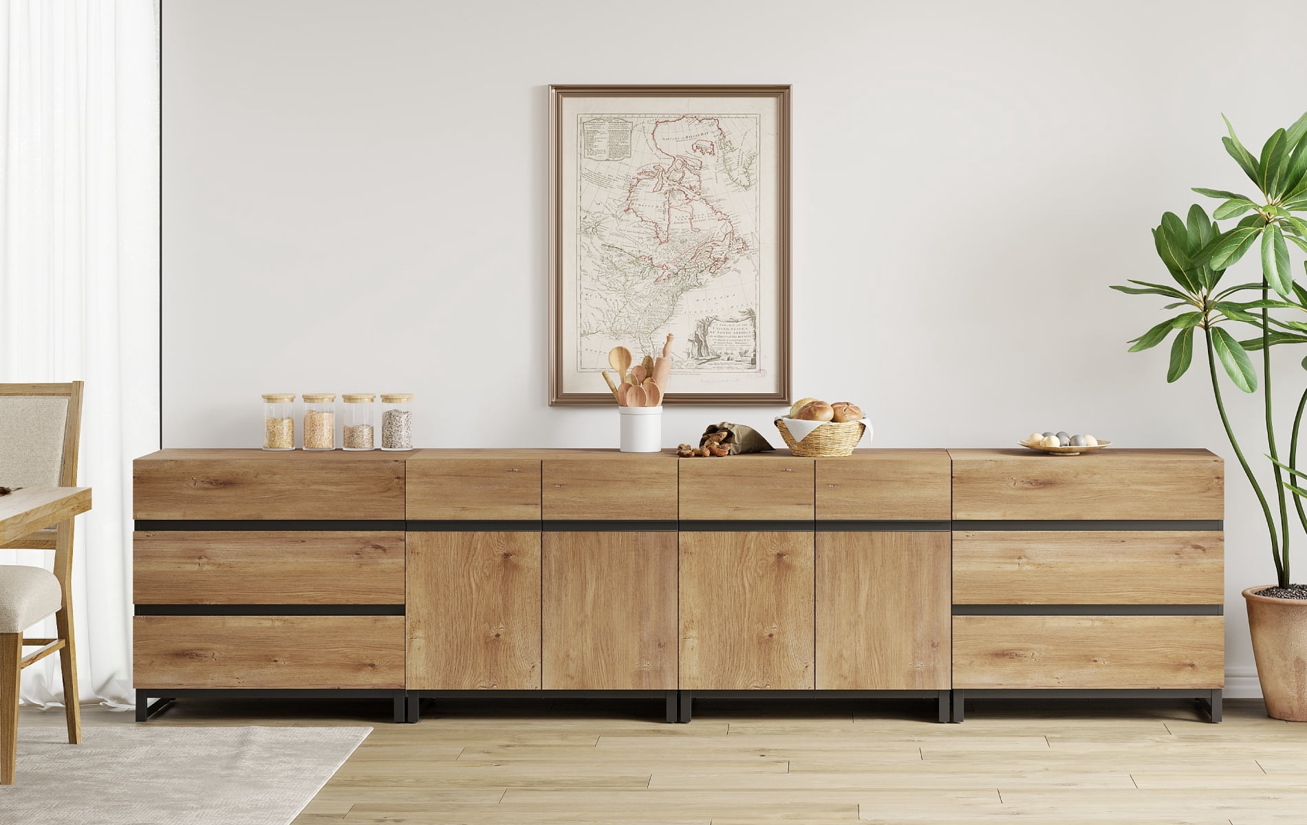 4-in-1 Sideboard Buffet Cabinet with 6 Drawers, Adjustable Shelves, High Load-Bearing Storage Cabinet for Living Room, Dining Room,Oak