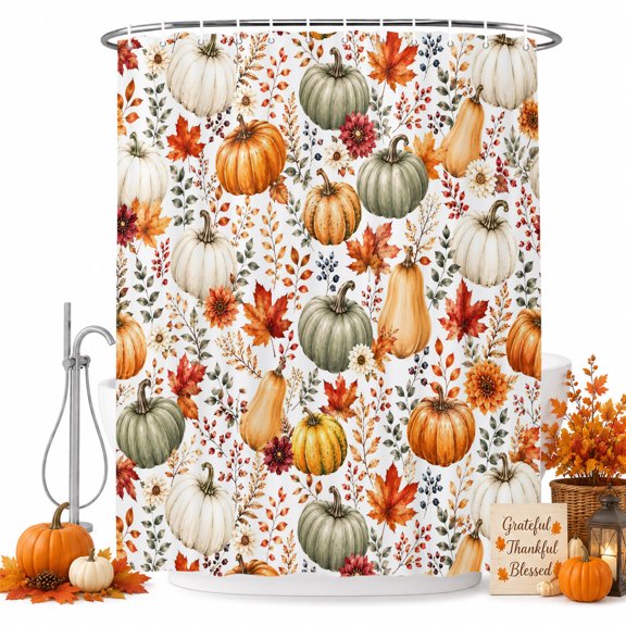 Shower Curtains for Bathroom-36"x72",Thanksgiving Pumpkin Flower Waterproof Bath Curtain Grommet Shower Curtain Set with Hooks