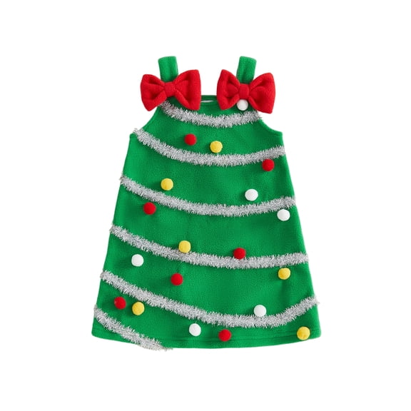 RUINIXCW Toddler Girl Christmas Dress Colorful Bobbles Red Bow Fleece Overall Dress