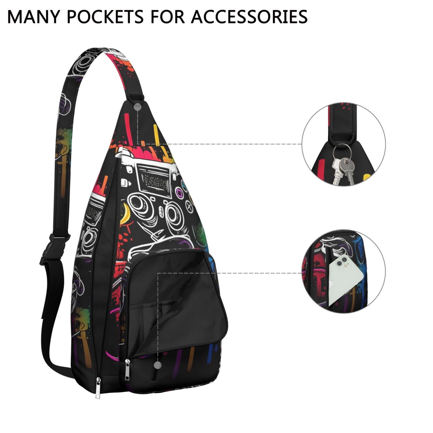 Gaming Controller Print Sling Bag&nbsp;- Cool Retro Joystick Pattern Crossbody Backpack for Gamers, Water-Resistant Shoulder Pack (Colorful Graffiti Design, Lightweight & Durable)