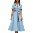 thumbnail image 2 of Karymi Polka Dot Print Vintage Midi Dress, Lapel V Neck Short Sleeve Contrast Trim Button Front A-Line Dress with Self Tie Belted Waist Easter Dress, 2 of 7