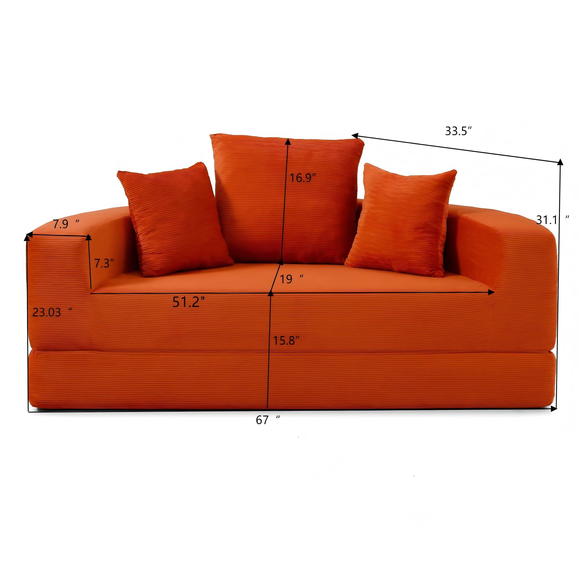 Miniyam 67" X 67" Convertible Sofa Corduroy Couch Bed For Apartment, Adjustable Futon Sofa No Assembly Compressed Sofa, Orange