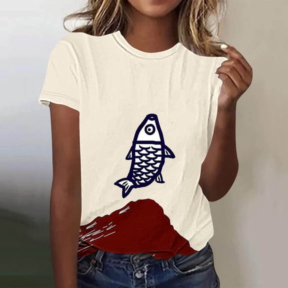 Sokhug Women's Fashion T-Shirts Funny Fish Graphic Crew Neck Tees Summer Casual Lightweight Breathable Athletic Tops