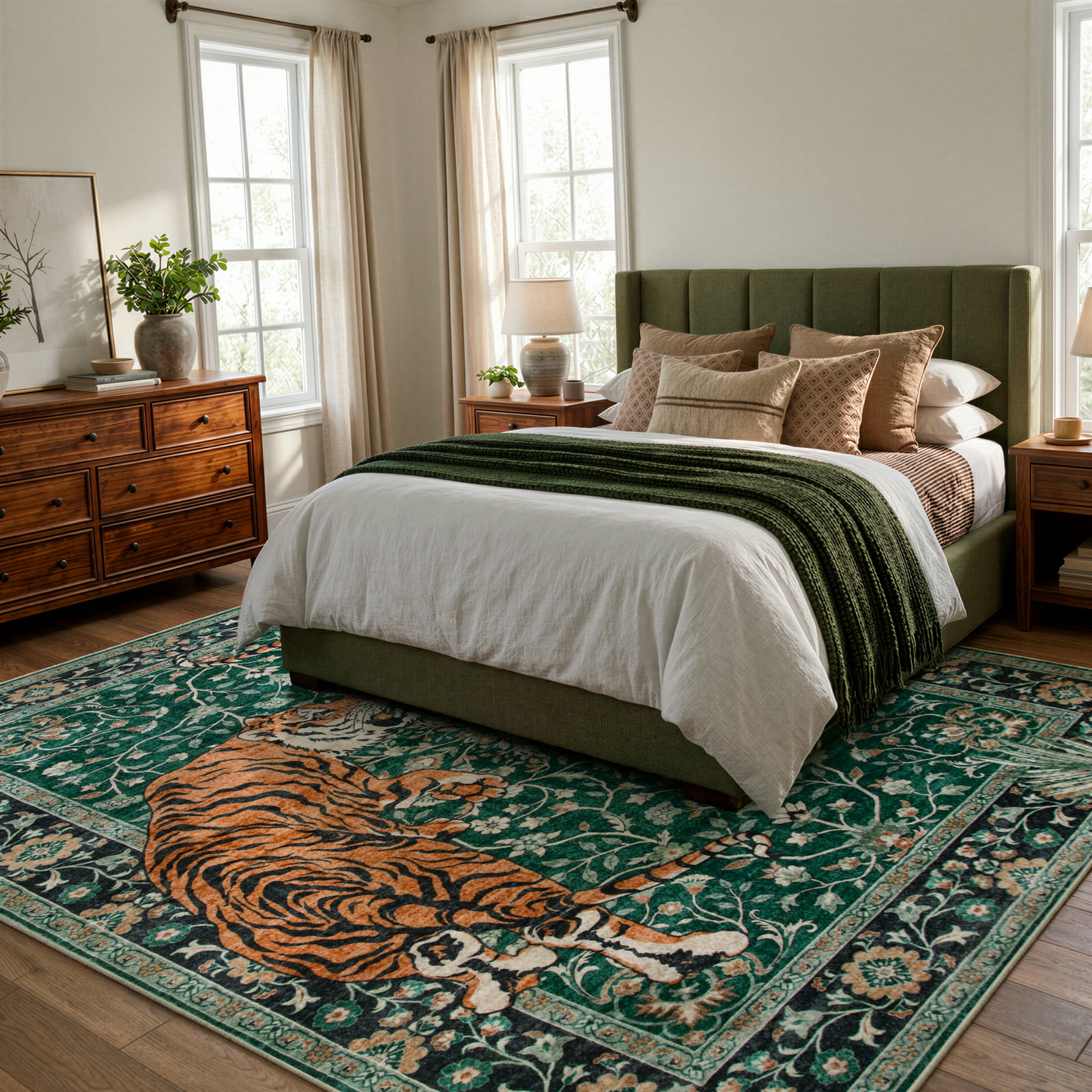 Moynesa Vintage Tiger 8'x10' Large Area Rug for Living Room, Washable Tropical Boho Rug Distressed Botanical Floral Accent Carpet for Bedroom Dining Room Low Pile Non Slip Stain Resistant, Green