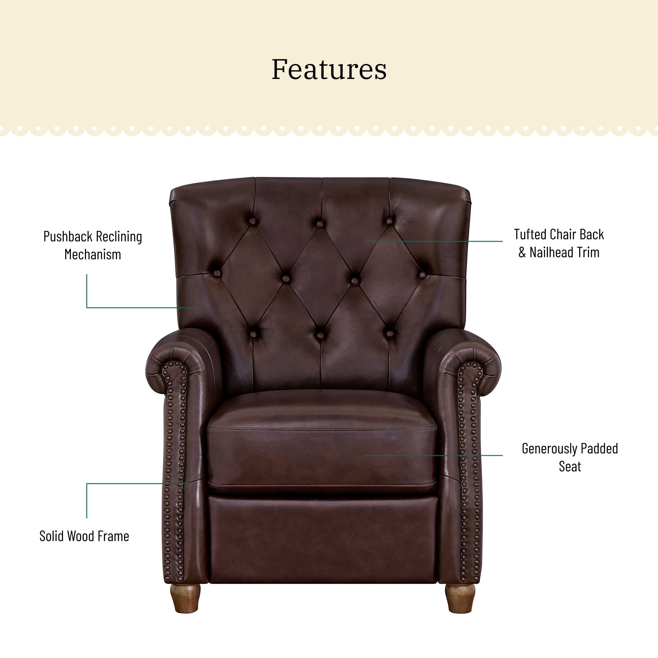 The Pioneer Woman Harper Pushback Leather Recliner with Whiskey & Faux Cowhide Upholstery