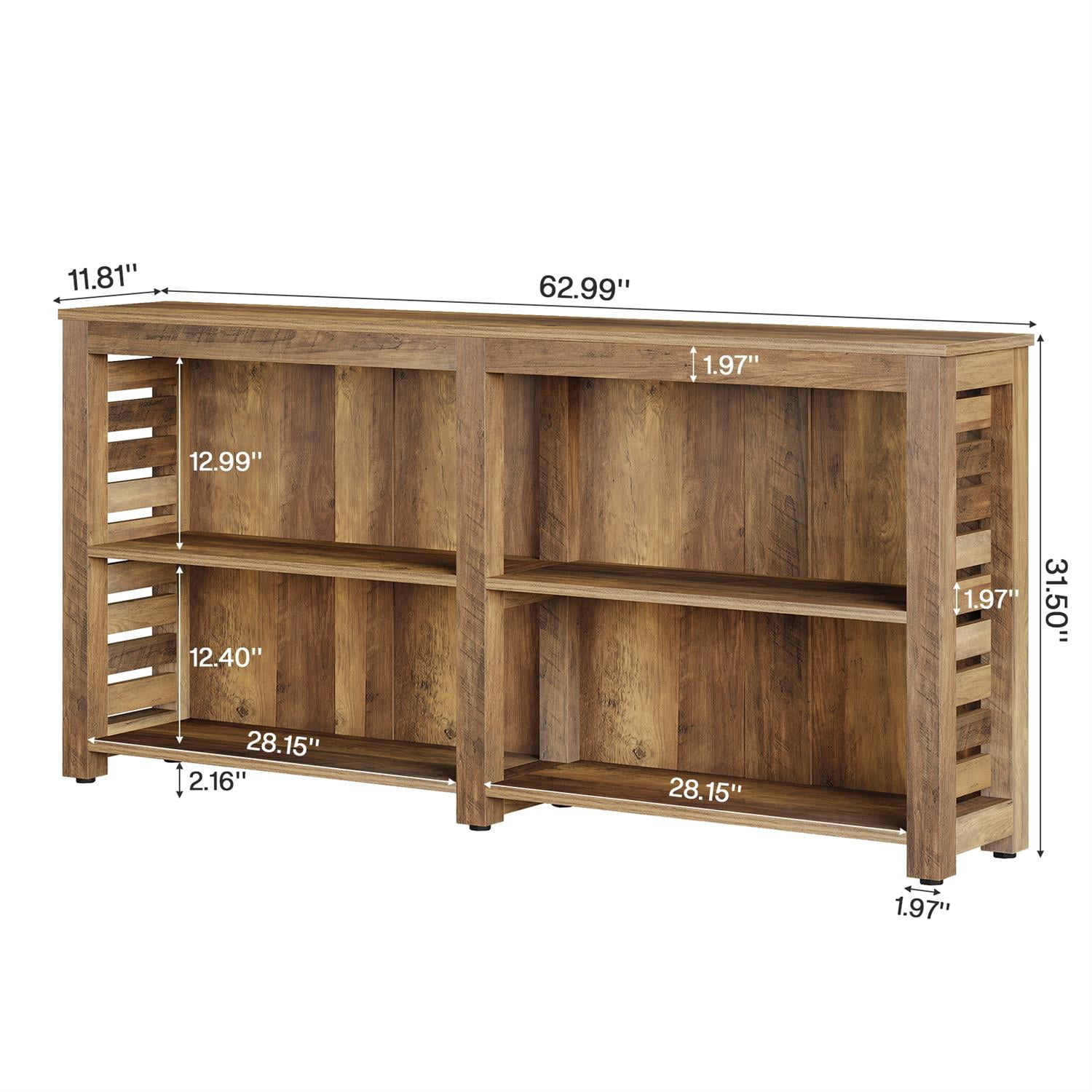 Demi Bonn 62" Vintage Wooden Console Table with Open Shelves for Living Room, Modern Entryway Storage Bench, Space-Saving, Brown