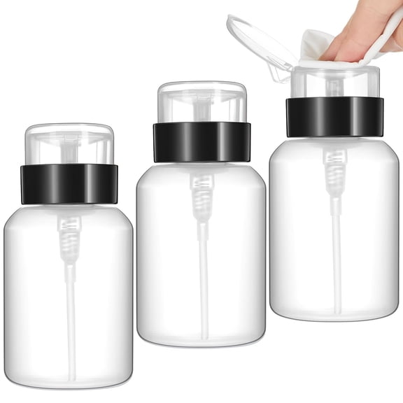 RAGUPEL 3Pcs 6.8 Oz(200Ml)Push Down Lockable Pump Dispenser Bottle with Stickers,Alcohol Push Down Empty Refillable Container for Nail Polish Remover,Alcohol&Makeup Remover(Black Top Cap)