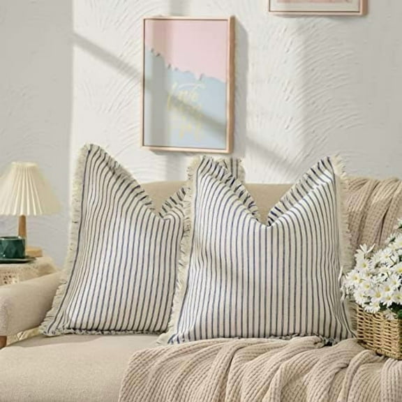 Throw Pillow Covers 16x16 Set of 2 Striped Pillow Covers with Fringe Chic Cotton Decorative Pillows Square Cushion Covers for Sofa Couch Bed Living Room Farmhouse Decor