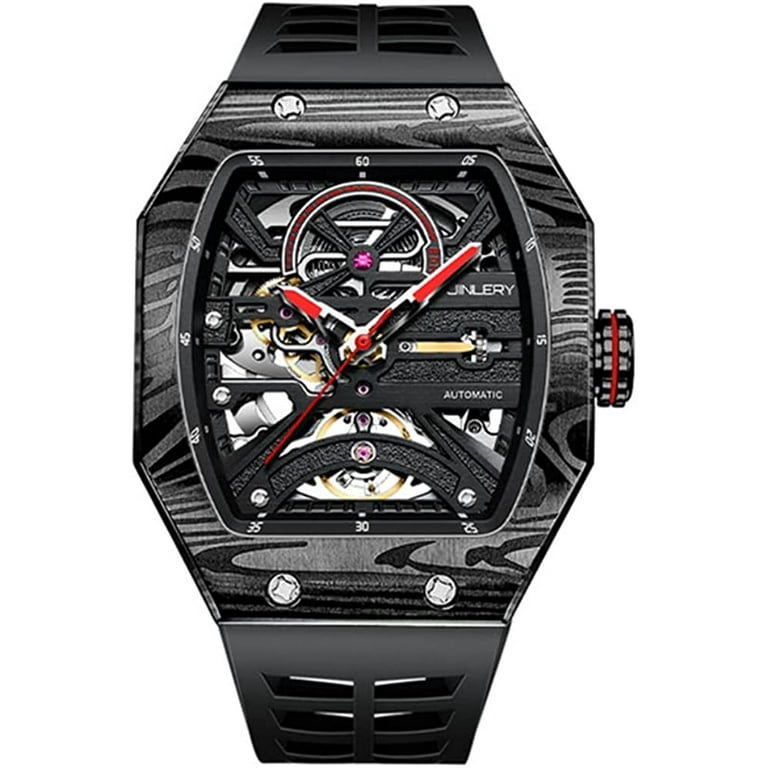 JINLERY Skeleton Automatic Mechanical Men Tourbillon Tonneau Wrist Watch Steel Silicone Sapphire Crystal Waterproof Richard Kinetic Hollow Clock