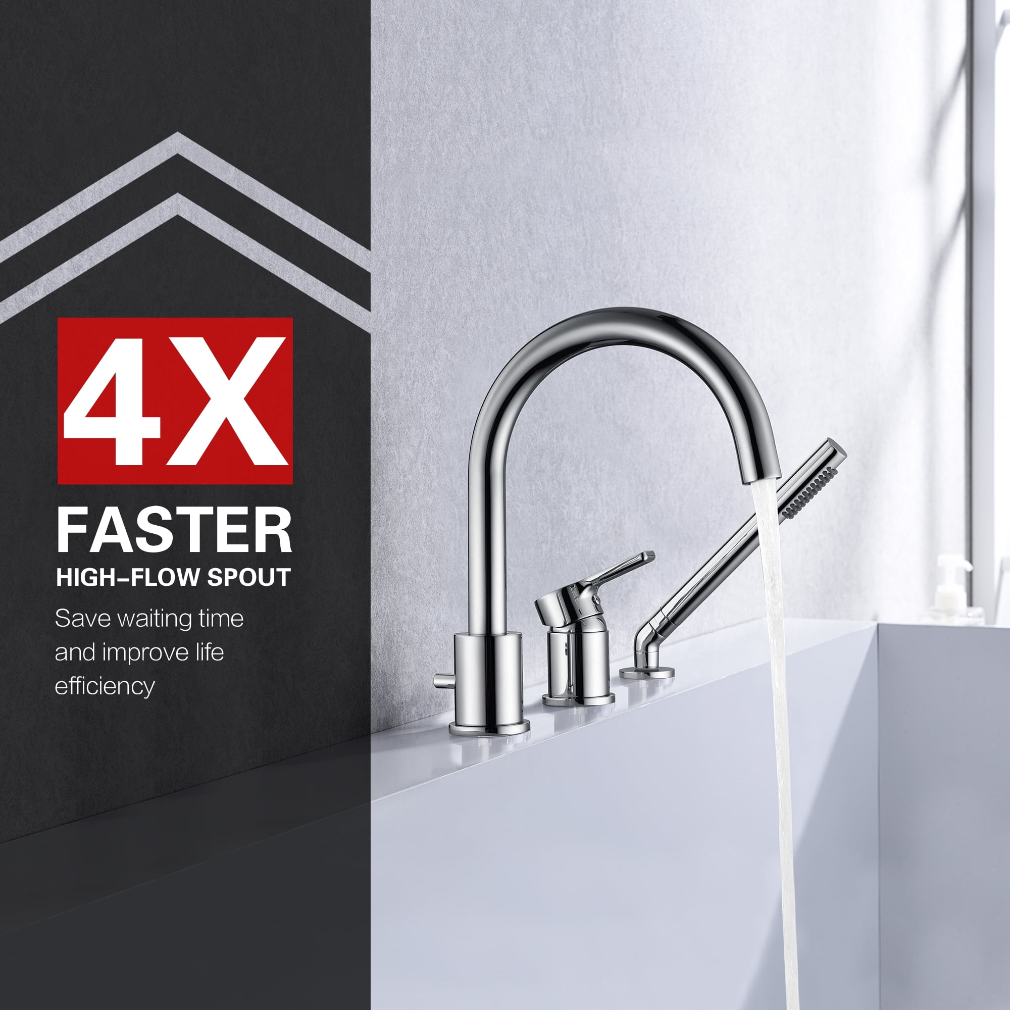 3 Hole Deck Mount Roman Tub Faucet with Hand Shower, Solid Brass Chrome Finish Valve Included High-arc Spout Chrome