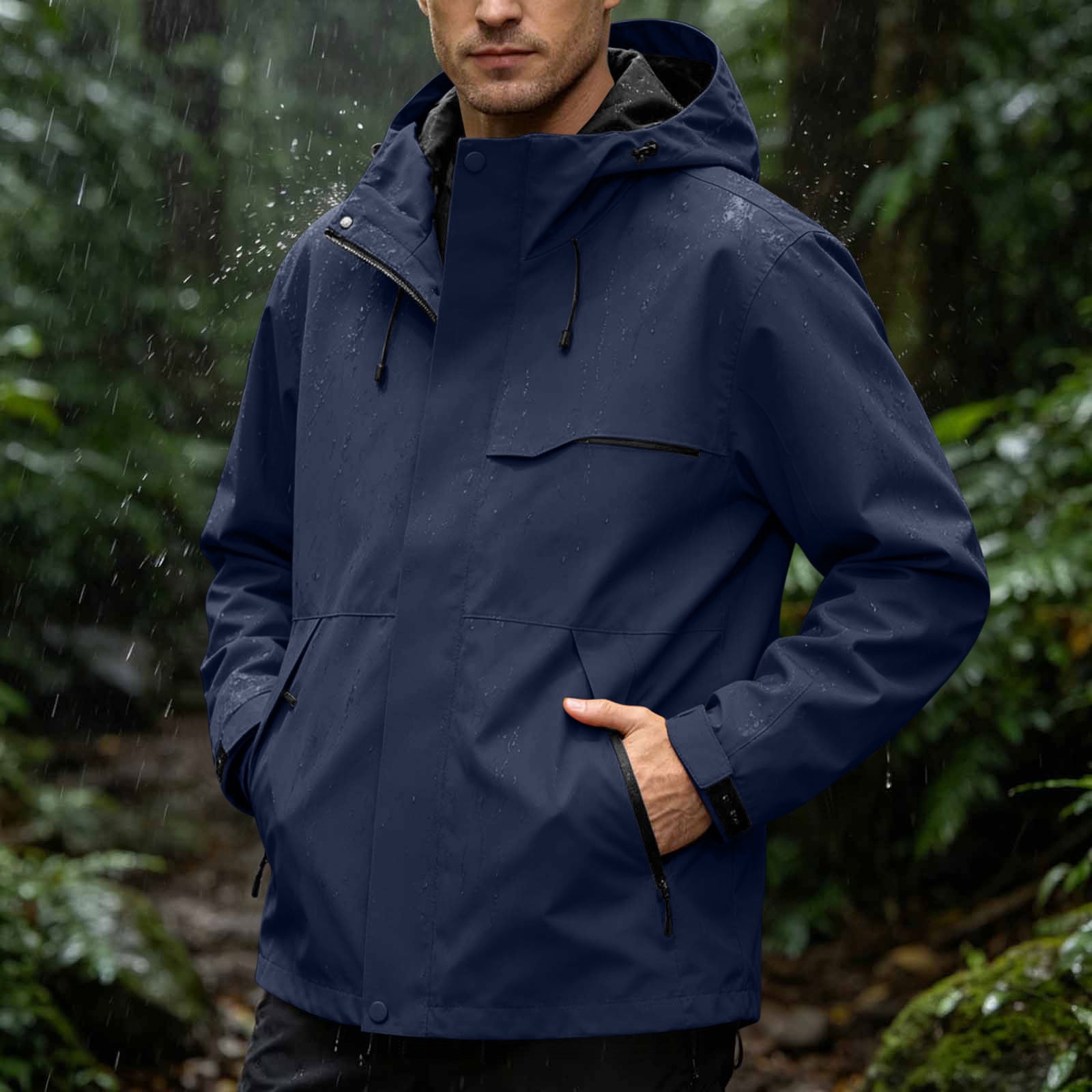 Kinrui Mens Rain Jacket with Hood Waterproof Lightweight Windbreaker Jackets Zipper Pocket Unisex Raincoat Hiking Travel Golf Dark Blue XL