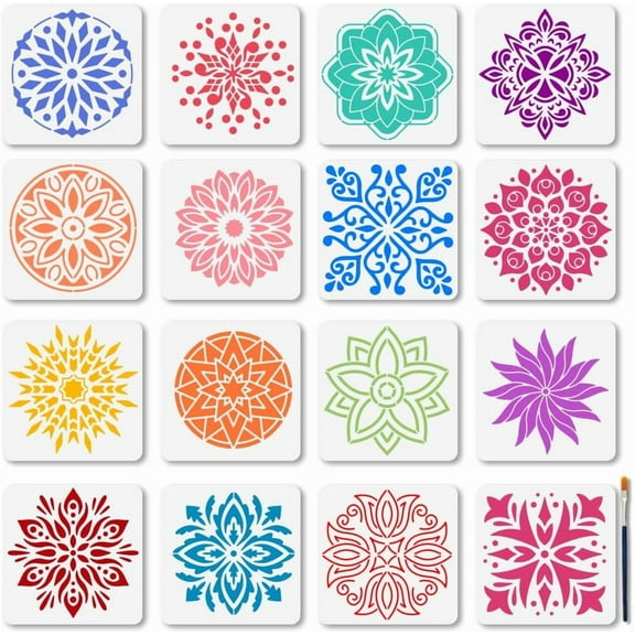 16Pcs Mandala Theme Stencil Set 5.9×5.9inch Mandala Painting Craft Stencils Reusable Small Rangoli Lotus Template DIY Craft for Painting on Wood Furniture Canvas Wall Decoration White DIY