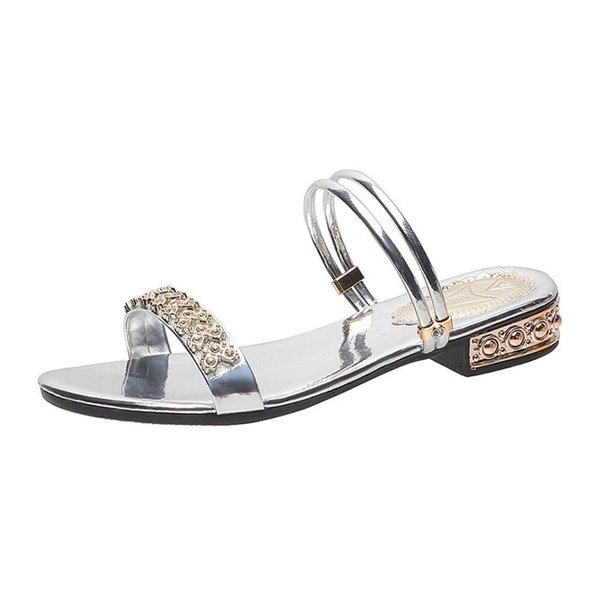 Large Sandals Women's Middle Heel Rhinestone Casual Slippers Silver Color