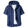 thumbnail image 5 of CAICJ98 Boys Girls Short Sleeve Button-up Shirt with Hood Unisex Kids Cotton Plaid Hoodie Flannel Fall Shirts (Blue,14-15 Years), 5 of 5