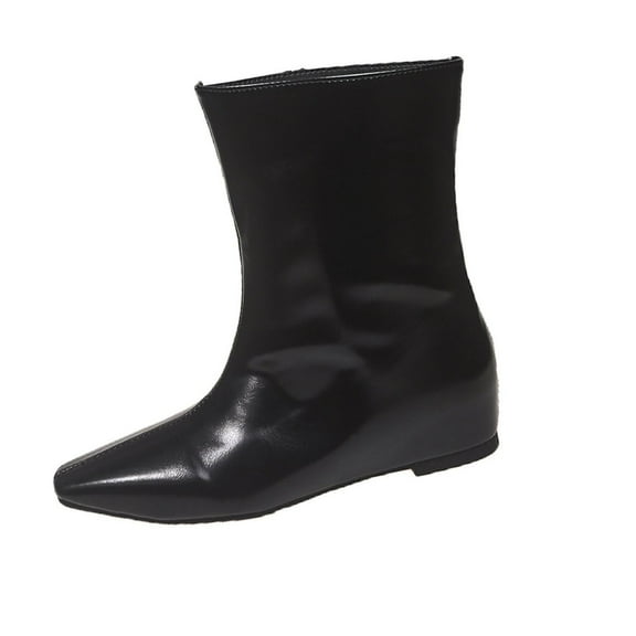 Wensltd Black Wide Calf Boots for Women British Style Solid Color Trendy Wedge Heel Ankle Boots