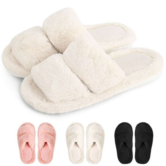 Deago Women's Memory Foam Fuzzy Comfy Faux Fur House Slippers Open Toe Two Band Indoor Slides Soft Plush Fleece Non-Slip Bedroom Shoes (White)