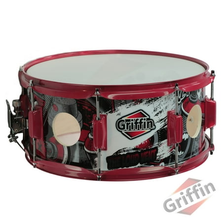 Birch Wood Shell Snare Drum by Griffin 14" x 6.5" Oversize 2.5" Vents with Custom Graphic Wrap (Limited Edition) Red Hardware with Drummers Key for Students & Pros 8 Tuning Lugs & Snare Strainer